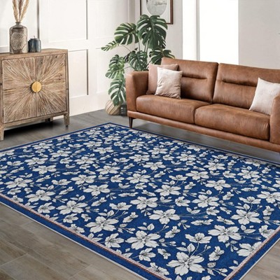 Coolmee Washable Area Rugs for Living Room Boho Floral Low Pile Non Slip Indoor Floor Carpet for Nursery Playroom Bedroom