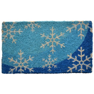 HomeRoots 18" X 30" Blue and White Coir Snowflake Outdoor Winter Door Mat