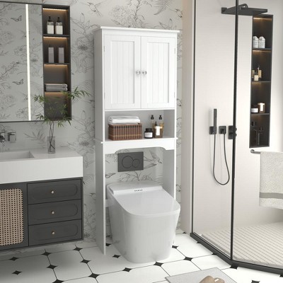 Over The Toilet Storage Cabinet, Bathroom Space Saver Storage Shelf, Freestanding Bathroom Cabinet Organizer With 2 Doors & Open Shelf