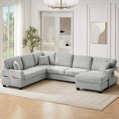 125.2" U-Shaped Sectional Sofa - Modular Corduroy Couch with Movable Ottoman & Side Storage Pockets-- Frevyn