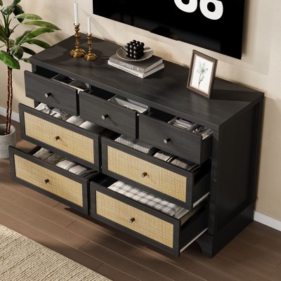 47.3'' Wide Wood Chest of Drawers with Natural Rattan Drawers, Wood Drawer Organizer with Sturdy Base for Living Room, Entryway and Hallway