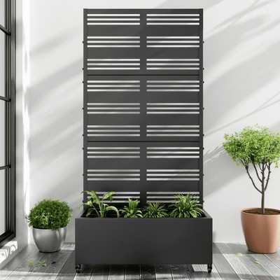 SpassWay Black Metal Planter Box with Trellis Raised Garden Bed with Arbor Privacy Screen with Wheels