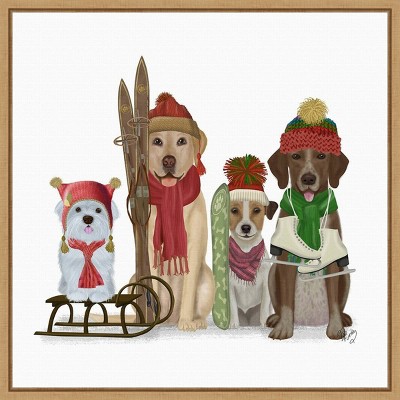 16" x 16" Christmas Dogs Winter Sports Fans by Fab Funky Framed Canvas Wall Art - Amanti Art: Holiday Decor, Animal Lithograph