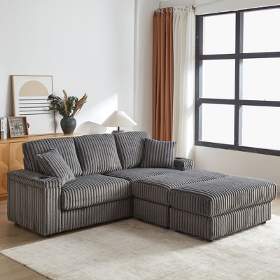 84" Corduroy 3-seater Sectional Sofa with 3 Back Pillows, 2 Toss Pillows, 2 Ottomans, Storage & Cup Holders