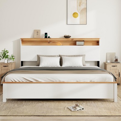 All-Wood Rustic Farmhouse Bed Frame with Storage Headboard and Built-In USB Charging Station, Easy Assembly, Classic White