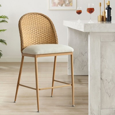 Rattan Counter Stool, Linen Upholstered Midbar Chair, 26 Inches Stools with Rattan Back for Kitchen Island, Dining Room - Maison Boucle