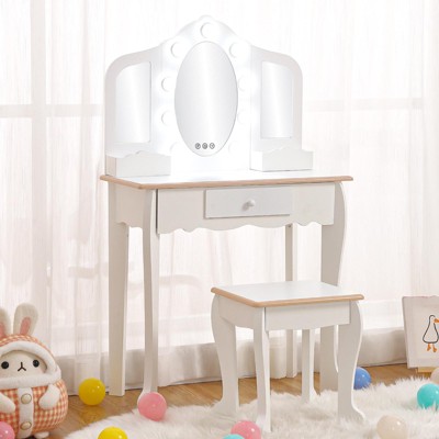 Girls Vanity Set with Lighted Mirror - Tri-Fold Mirror Play Table & Stool with Storage