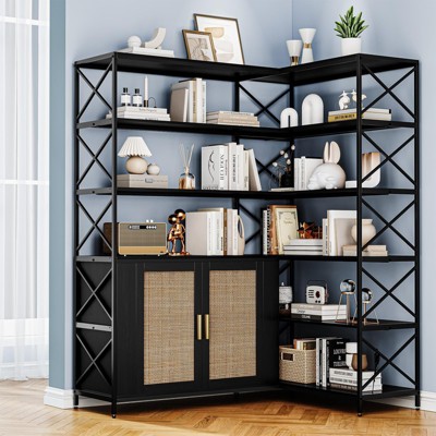 Farmhouse Corner Bookshelf,6-Tier L-Shaped Storage Shelf with Cabinet, Industrial Style Bookcase