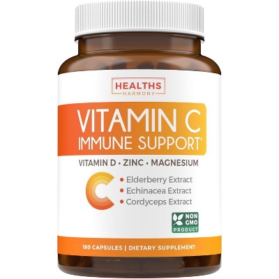 Vitamin C Immune Support Capsules, Immunity Supplement with Magnesium Zinc Vitamin C and D, Health's Harmony, 60, 120 or 180ct