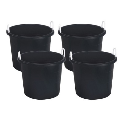 Homz 0417BKDC Plastic 17 Gallon Utility Storage Container Bucket Tub with Rope Handle, Black, Set of 4 Buckets
