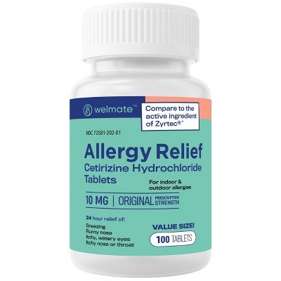 Welmate Allergy Relief | Cetirizine HCl 10 mg | 100 Count Tablets | 24 Hour