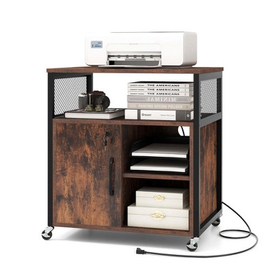 Costway File Cabinet on Wheels with Charging Station & Cable Management Hole Shelves Brown/Grey