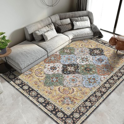 Washable Area Rugs, Vintage Floral Foldable Carpet, Low Pile Non Slip Non Shedding Mat for Bedroom Dining Room Home Office Living Room
