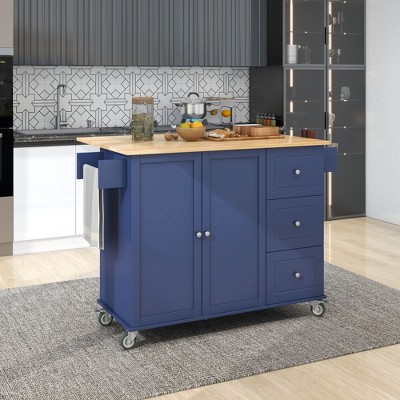 Wooden Kitchen Island, Portable, with Fold-Down Leaf and Locking Casters