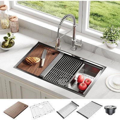 Acekool 33" Undermount Workstation Kitchen Sink, 16 Gauge Stainless Single Bowl with Sliding Accessories, Deep Basin