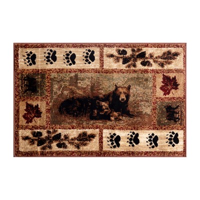 Emma and Oliver Accent Rug with Mother Brown Bear and 2 Cubs Nature Scene and Leaf and Bear Track Detailing for Home, Cabin or RV