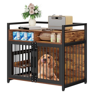 Large Dog Crate Furniture, Wooden Dog Crate, Heavy Duty Dogs Kennel with 2 Drawers Storage, 360° Adjustable Raised Feeder