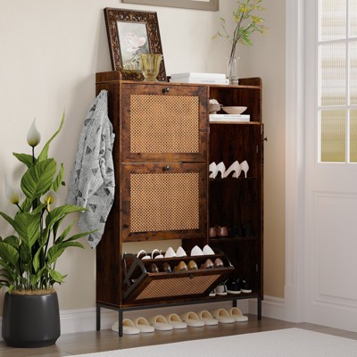 CuisinSmart 3 Tier Free Standing Shoe Cabinet with Natural Rattan, Shoe Organizer with Adjustable Shelves, Narrow Shoe Rack for Hallway, Retro