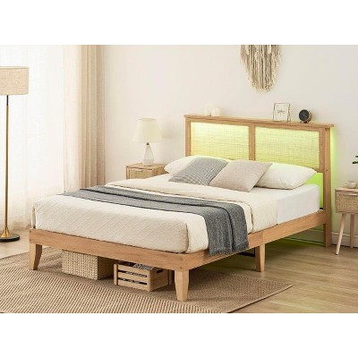 12.4 Inch Deluxe Solid Wood Full Bed Frame with Natural Rattan Headboard, LED Lights, Noise-free, Mattress Foundation, No Box Spring Needed