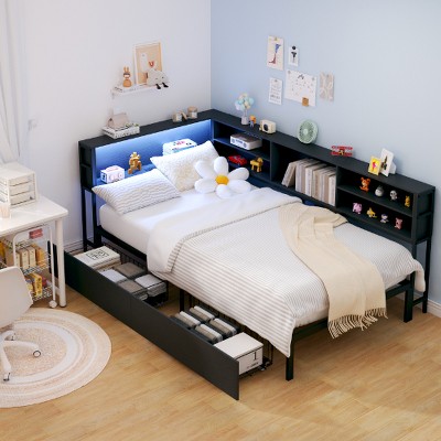 Lyngins Kids' /Teens' Corner Bed Frame, Storage Bed with Integrated Bookcase, Full Daybed with 2 Underbed Drawers & Smart LED Lights, Charging Station