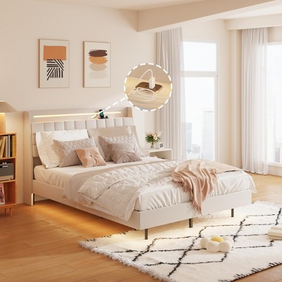 Floating Bed Frame with LED Light and Charging Station Upholstered Platform Bed Frame Full/Queen/King Size with Headboard,No Box Spring Needed,Beige