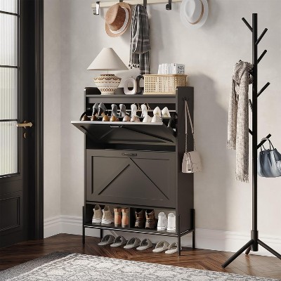 Shoe Organizer Cabinet with 2 Drawers - Freestanding Narrow Design for Entryway - Hidden Storage with Metal Legs