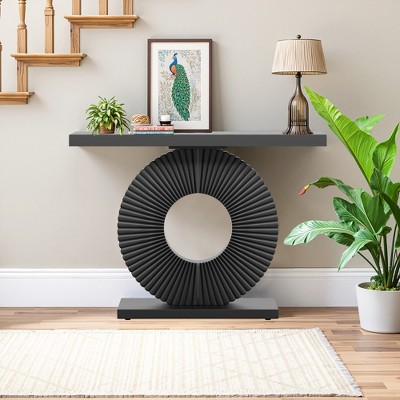 Lirago 40" Modern Console Table Entryway Sofa Table with Geometric Base Elegant Flower Design Sturdy Top Multi Purpose for Living Room Black