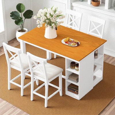 5-Piece Solid Wood Counter Height Dining Table Set with 3-Tier Storage Shelves and 4 Upholstered Cross-Back Chairs for Kitchen or Dining Room