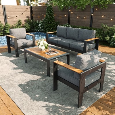 LayinSun 4 Pieces Aluminum Outdoor Patio Furniture Set with Coffee Table, Outside Metal Patio Conversation Sets with Deep Seating and Thick Cushions