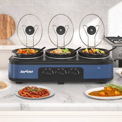 Heynemo Triple Slow Cooker Buffet Servers and Warmer, Large 3 Pot Food Small Mini Manual Slow Cooker with Adjustable Temp, 3*2.5 Quarts, Blue