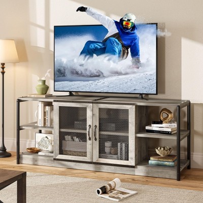 Farmhouse TV Stand for 65/75 Inch TVs, Entertainment Center with Storage Cabinet and Mesh Doors, Industrial Media Console Table, Grey