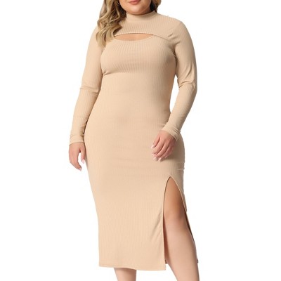 Agnes Orinda Women's Plus Size Ribbed Cut-Out Slim Fit Bodycon Midi Dresses