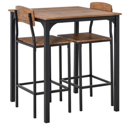 HOMCOM 3 Piece Industrial Counter Height Dining Table Set, Bar Table & Chairs with Steel Legs & Footrests