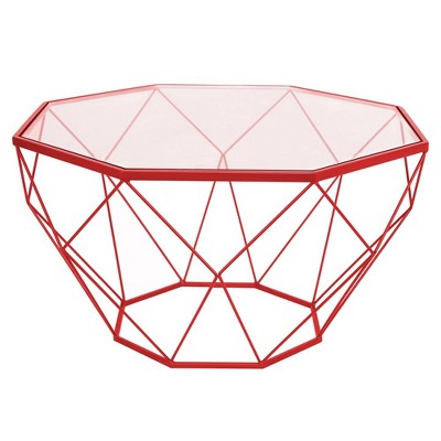 LeisureMod Malibu Modern 31" Octagon Coffee Table with Glass Top and Geometric Wire Frame for Living Room or Small Spaces