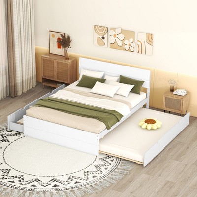 Modern Full Size Bed Frame With Twin Size Trundle And 2 Drawers, No Box Spring Needed, Platform Bed Frame For Bedroom