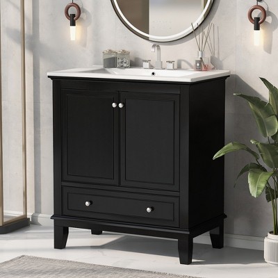 30"W Bathroom Vanity with Sink, Multi-Functional Bathroom Cabinet with Storage Rack, Adjustable Shelf and Drawer with Section Panels, Black-ModernLuxe
