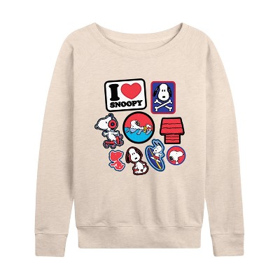 Women's - Peanuts - I Heart Snoopy Patches Lightweight French Terry Wide Neck Long Sleeve Graphic Shirt