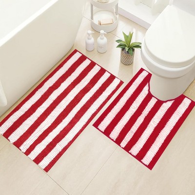 Home Mart Goods 2 Piece Set Red Stripe Soft Cozy Plush Chenille Bath Mat Bathroom Rug