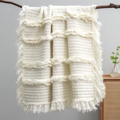 Aoibox Ultra Soft Pre-Washed Quilted Throw Blanket with Ruffle Fringe, Chic Rustic Decorative Blanket for Sofa Couch Bed Chair