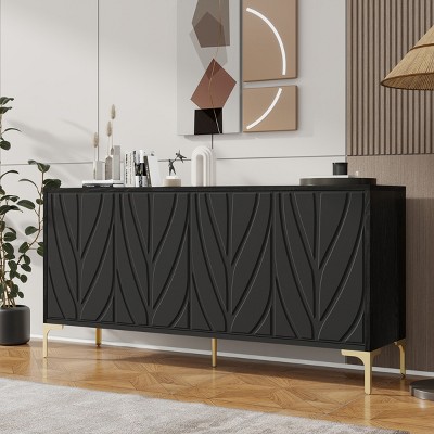60" Modern Carved 4-Door Accent Sideboard, Handleless Press-to-Open Buffet Cabinet with Storage, Console Table for Dining Room, Bedroom & Entryway