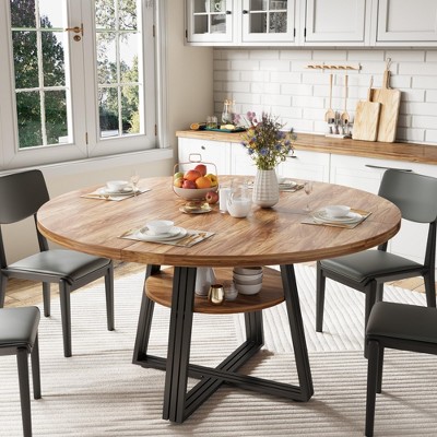 47" Round Dining Table for 4-6 People with Storage Shelf, Farmhouse Kitchen Table with Metal Legs, Space-Saving Design for Dining Room or Apartment