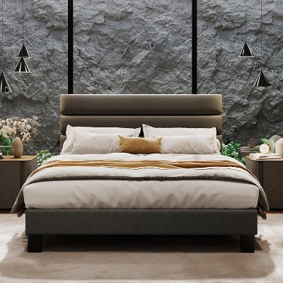 Full/ Queen/ King Bed Frame with Adjustable Headboard, Fabric Upholstered and Wooden Slats Support, Heavy Duty Mattress Foundation