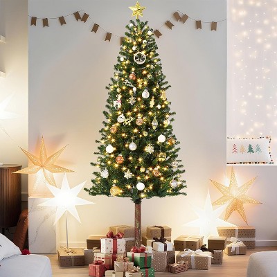 6ft/7.5ft Pencil Christmas Tree, Artificial Slim Christmas Tree with Warm White Lights & Metal Stand, Realistic Xmas Tree Holiday Party Decoration