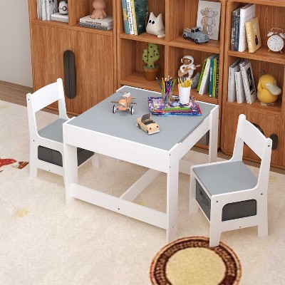 KTMBDW Kids Table and Chair Set, 3 in 1 Wooden Activity Table with Storage Drawer for Toddlers Drawing, Reading, Crafts for Nursery, Playroom, White