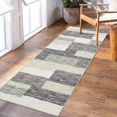 Acekool 4x6 Machine Washable Area Rug, Modern Geometric, Non-Slip, Low Pile, Stain-Resistant Accent Carpet for Living Room, Bedroom, Grey Green