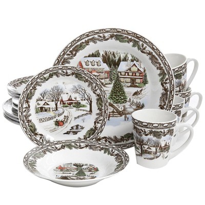Gibson Home 16pc Stoneware Christmas Toile Dinnerware Set: Porcelain, Botanical Pattern, Microwave & Dishwasher Safe