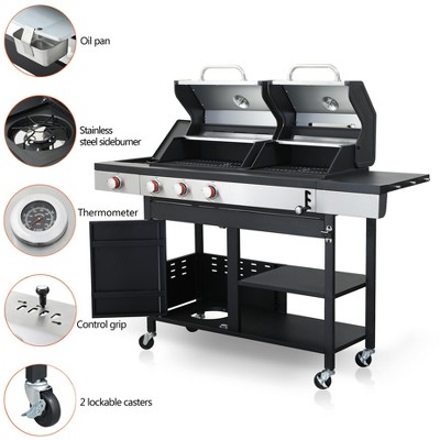3-Burner Propane & Charcoal Combo Grill with Side Burner, Enamel Cast Iron Grids, Stainless Steel Warming Rack, 37,230 BTU Outdoor BBQ