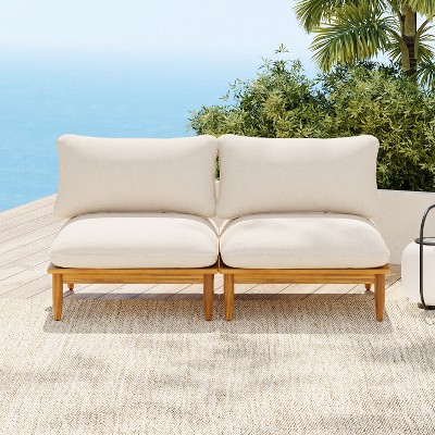 Scott Living Sacova Outdoor Acacia Wood Armless Chair, Teak Finish Frame with Beige Cushion, Set of 2