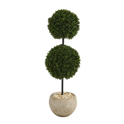 45" Indoor/Outdoor Boxwood Double Ball Artificial Topiary Tree in Planter Sand - Nearly Natural: UV-Resistant Faux Foliage