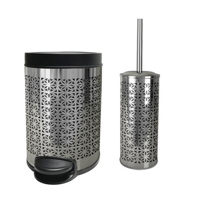 Laser Cut Step Garbage Trash Can & Toilet Brush Holder with Lid Metallic Silver - Nu Steel: Metal Bathroom Set